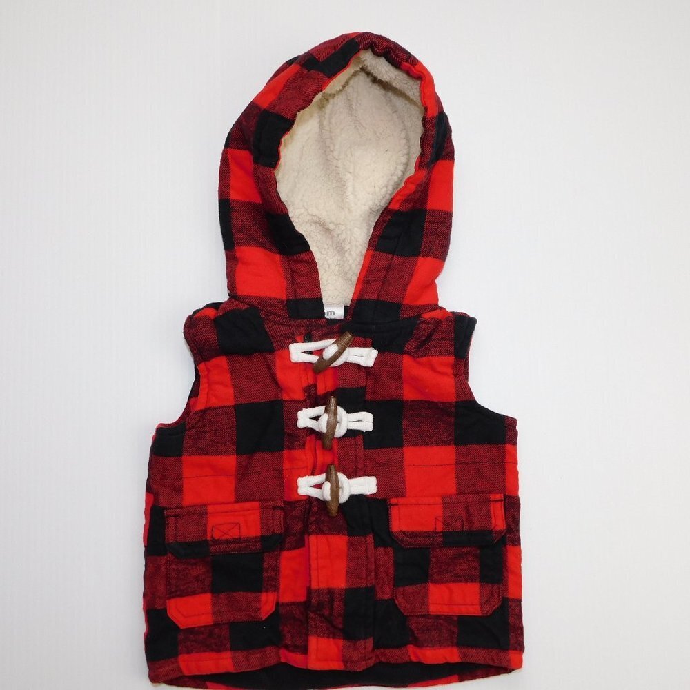 Carters Buffalo Plaid Red Black Hooded Fleece Lined Vest Baby Boy 6 Months 6M
